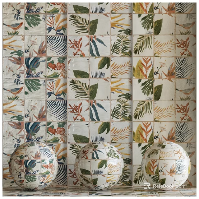 Decorative Wall Tiles With Leaf And Floral Patterns And Ornamental Spheres 3d model 