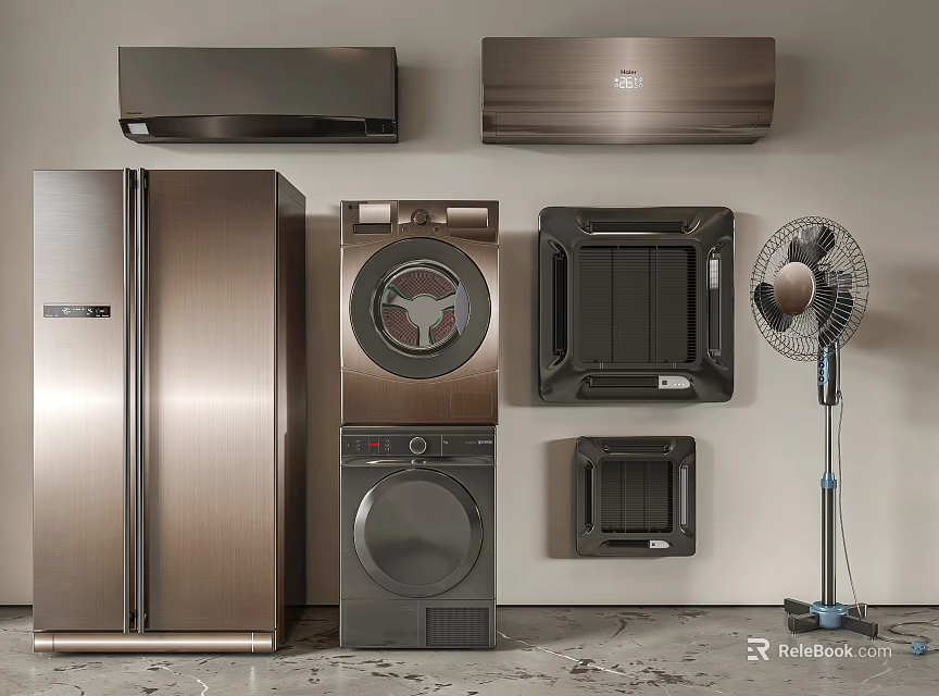 Smart Home Appliances Including Refrigerator Washing Machine Air Conditioner And Fan 3d model 