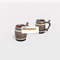 Two Wooden Barrel Shaped Mugs With Wood Grain And White Stripe Handles