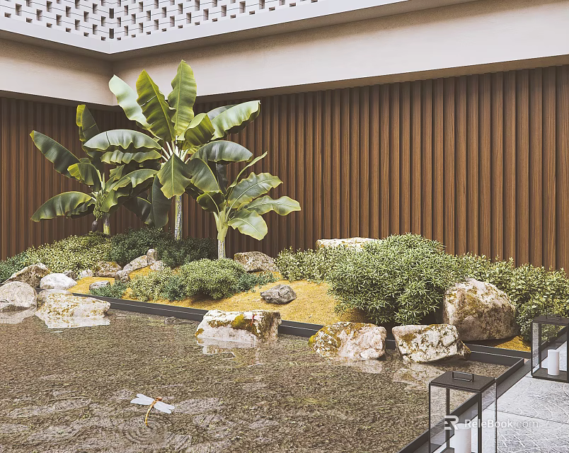 Serene Courtyard Garden With Banana Plants Water Pond Rocks And Wooden Panel Wall 3d model 