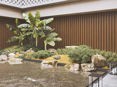 Serene Courtyard Garden With Banana Plants Water Pond Rocks And Wooden Panel Wall 3d model