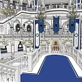 Religious Faith Interior With Grand Chandelier Two Story Design Blue Banners And Arched Windows
