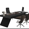 Modern Executive Office Desk With Black Surface Desk Lamp Computer Monitor Office Supplies And Three Chairs