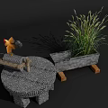 Garden Ornaments Featuring Rooster Figurine Stone Stand Round Table And Tall Grass Planter