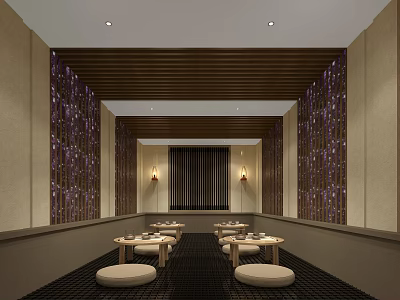 Bath Center Interior Design With Wooden Ceiling Decorative Walls Low Tables And Cushions 3d model