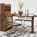 Wooden Dining Table Set with Chairs Wine Cabinet Pendant Light and Vase