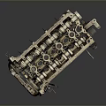 Vintage Engine Cylinder Head Component With Camshaft Gears Holes And Metal Structure