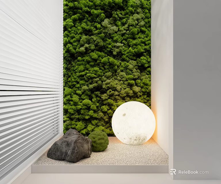 Green Wall Design With White Louvered Panels Stone Small Plants And Round Light 3d model 