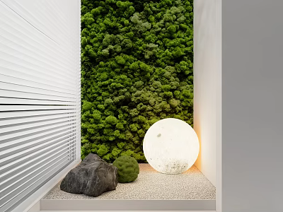Green Wall Design With White Louvered Panels Stone Small Plants And Round Light 3d model