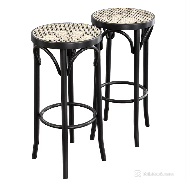 Black Metal Frame Rattan Seat Bar Stools For Modern Kitchen Island 3d model 