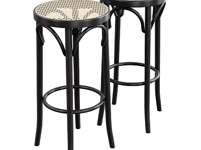 Black Metal Frame Rattan Seat Bar Stools For Modern Kitchen Island 3d model