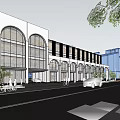 Modern Commercial Street Featuring White Facade Arched Windows Glass Curtain Walls And Trees