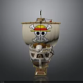 Anime Style Wooden Watercraft With Large Sail Featuring Straw Hat Skull Logo And Detailed Deck
