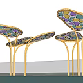 Modern Pergola With Golden Frames Colorful Mosaic Canopy And Water Reflection
