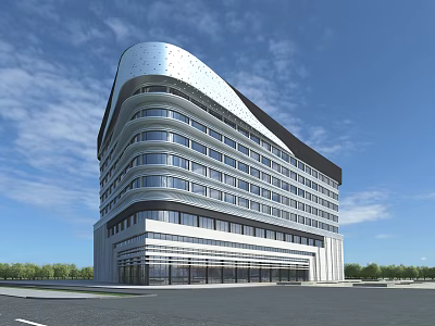 Modern Office Building With Streamlined Design Glass Curtain Walls And Multi Storey Structure 3d model
