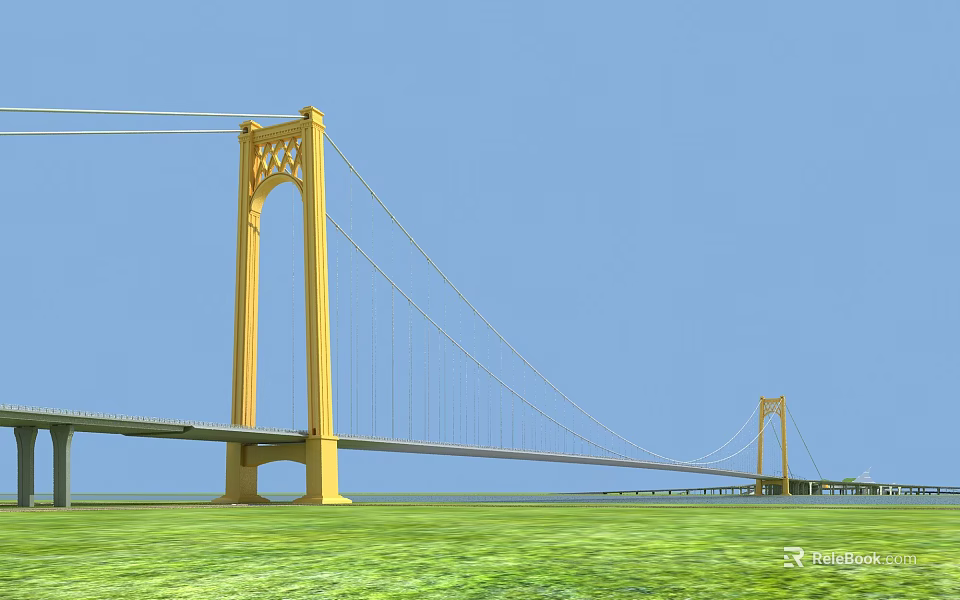 Yellow Suspension Bridge With Tall Towers Against Blue Sky And Green Grass 3d model 