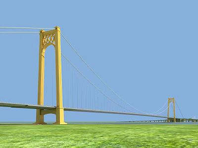 Yellow Suspension Bridge With Tall Towers Against Blue Sky And Green Grass 3d model