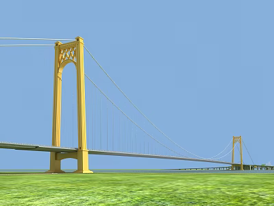 Yellow Suspension Bridge With Tall Towers Against Blue Sky And Green Grass 3d model