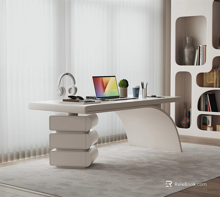 Modern White Desk Setup With Laptop Headphones Potted Plant Pen Holder And Bookshelf 3d model 