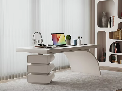 Modern White Desk Setup With Laptop Headphones Potted Plant Pen Holder And Bookshelf 3d model