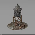 Rusted Water Tower With Wooden Support Structure Small Chimney And Weathered Base