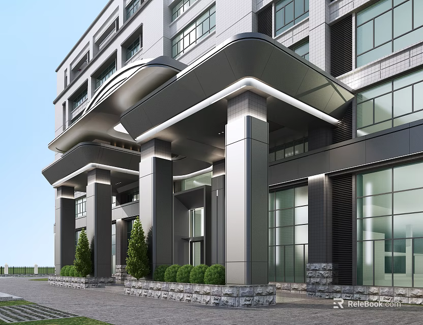 Modern Office Building Entrance With Glass Curtain Walls Columns And Green Plants 3d model 