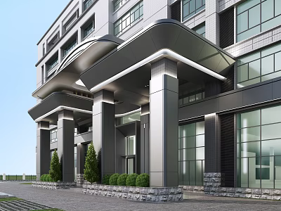 Modern Office Building Entrance With Glass Curtain Walls Columns And Green Plants 3d model
