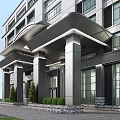 Modern Office Building Entrance With Glass Curtain Walls Columns And Green Plants
