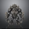 Muscular Monster Creature With Horned Head Fierce Facial Features Clawed Limbs And Spiked Fur Details