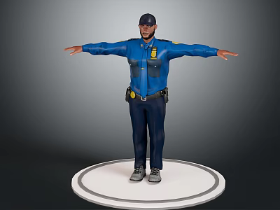 Police Officer in Blue Uniform Full Body Pose with Open Arms Standing on White Circular Platform 3d model