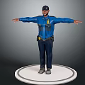 Police Officer in Blue Uniform Full Body Pose with Open Arms Standing on White Circular Platform