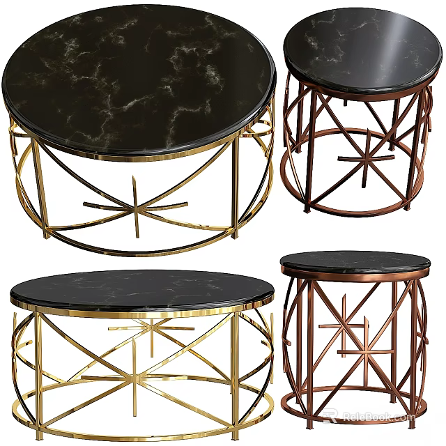Modern Round Dining Tables With Black Marble Tabletop And Gold Copper Metal Frames 3d model 