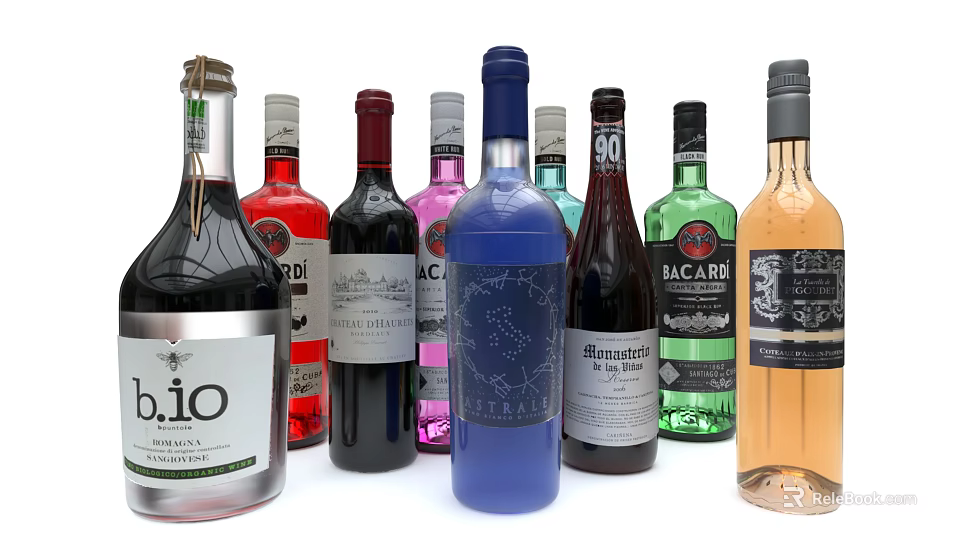 Assorted Colorful Wine Bottles With Different Brand Labels And Designs 3d model 