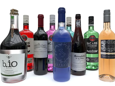 Assorted Colorful Wine Bottles With Different Brand Labels And Designs 3d model