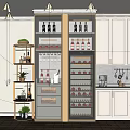 Elegant Modern Kitchen Interior Featuring Stylish Wine Cabinet With Glass Doors And Wine Bottles