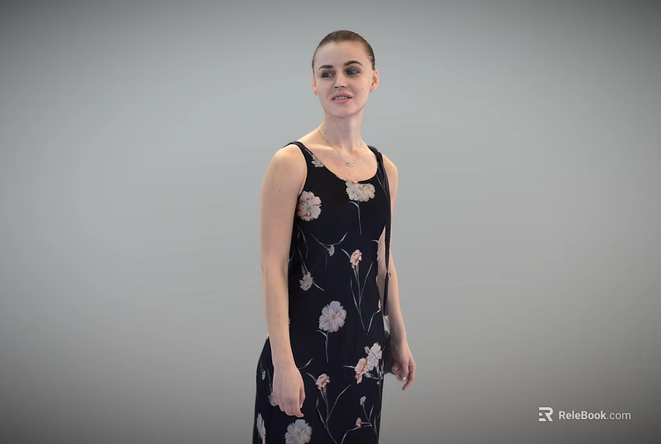 Woman Wearing Black Floral Print Dress Standing Against Gray Background 3d model 