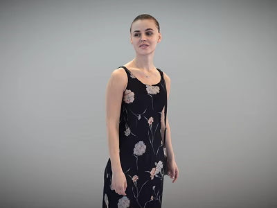 Woman Wearing Black Floral Print Dress Standing Against Gray Background 3d model