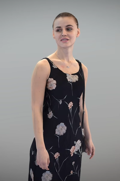 Woman Wearing Black Floral Print Dress Standing Against Gray Background 3d model