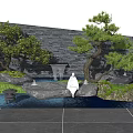 Karesansui Garden Design With Stone Wall Pine Trees Arranged Rocks And Water Feature