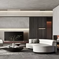 Modern Living Room Interior Design with White Sofa Wooden Coffee Table TV and Green Plant