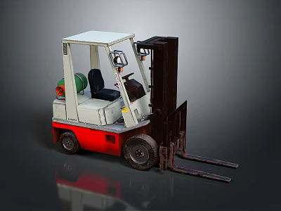 White And Red Industrial Forklift With Cab Forks And Black Wheels 3d model