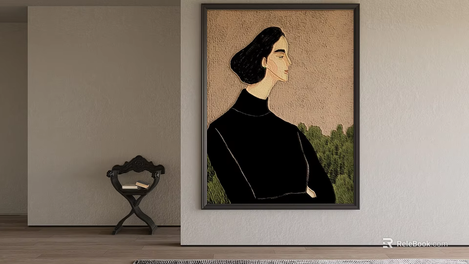 Oil Painting Of Woman Profile In Black Turtleneck With Green Background Hanging On Interior Wall 3d model 