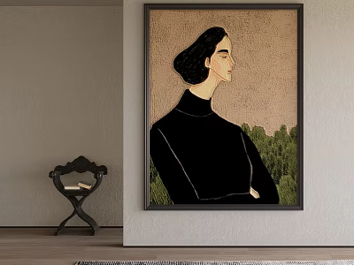Oil Painting Of Woman Profile In Black Turtleneck With Green Background Hanging On Interior Wall 3d model