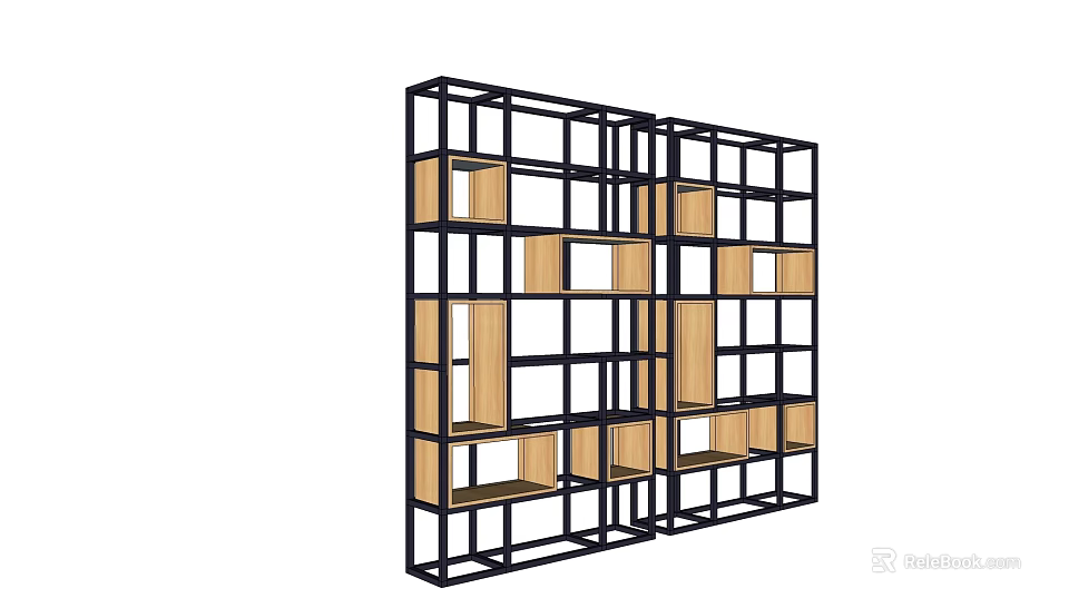Modern Open Shelf Unit With Black Metal Frame And Wooden Storage Shelves 3d model 