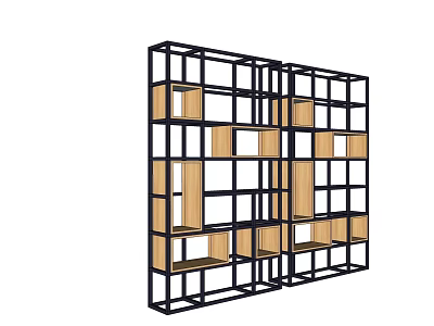 Modern Open Shelf Unit With Black Metal Frame And Wooden Storage Shelves 3d model