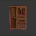 Classic Wooden Storage Cabinet With Glass Panel Doors Drawers And Metal Handles In Brown Finish