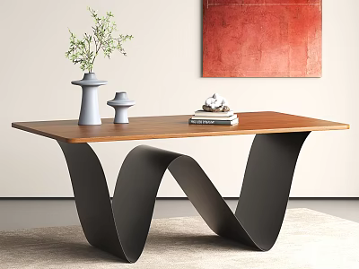 Elegant Dining Table With Black Wavy Legs Brown Tabletop White Vase And Stack Of Books 3d model