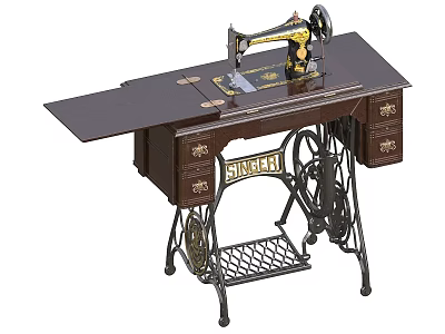 Industrial Singer Sewing Machine with Wooden Workbench Drawers Metal Frame and Foot Pedal 3d model