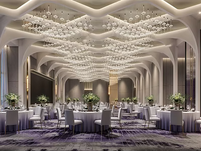 Luxurious Banquet Hall Interior With Chandeliers Dining Tables And Green Floral Decorations 3d model