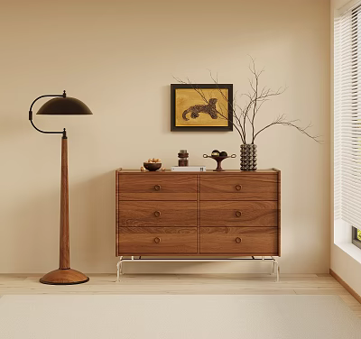 Walnut Wood Entryway Cabinet Sideboard With Drawer Metal Legs Floor Lamp Wall Art And Branches 3d model